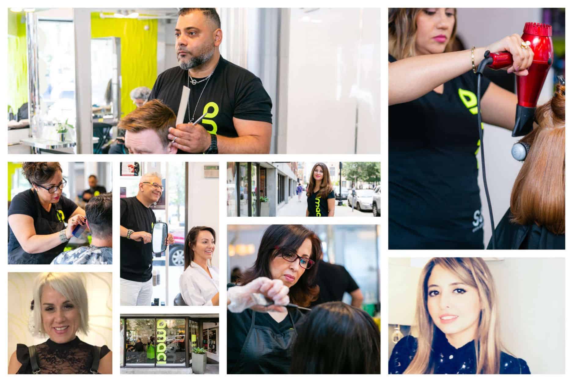 A montage of photos capturing a woman receiving a hair treatment at a salon, with hair styling tools visible - Amaci Salon.
